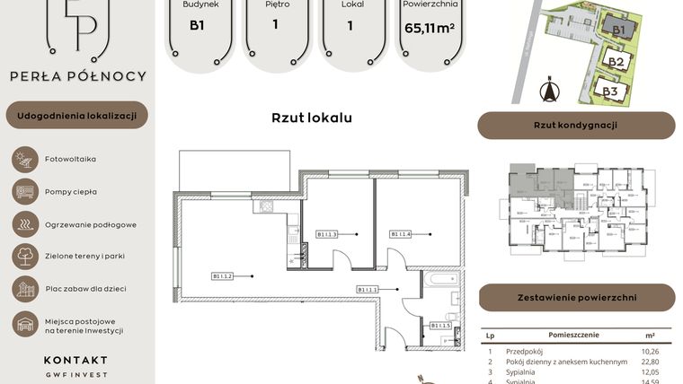 Rzut - Mieszkanie na sprzedaż 3 pokoje o powierzchni 65,11 m² - numer B1.1_1 w Perła Północy etap 2