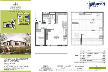 Rzut - Mieszkanie na sprzedaż 3 pokoje o powierzchni 90,68 m² - numer H.3.M7 w Jaśminowe Wzgórze - etap II