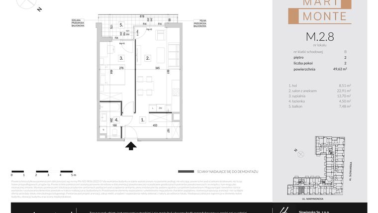 Rzut - Mieszkanie na sprzedaż 2 pokoje o powierzchni 49,62 m² - numer M.2.8 w Marimonte