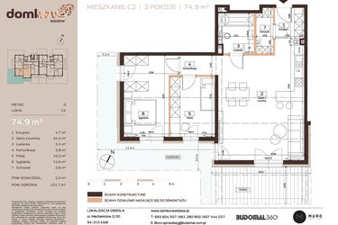 Rzut - Mieszkanie na sprzedaż 3 pokoje o powierzchni 75,4 m² - numer C2 w Domkove Widzew