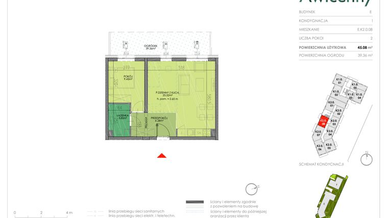 Rzut - Mieszkanie na sprzedaż 2 pokoje o powierzchni 45,08 m² - numer E.K2.0.08 w Awicenny