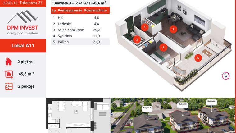 Rzut - Mieszkanie na sprzedaż 2 pokoje o powierzchni 45,6 m² - numer A11 w Apartamenty Tabelowa