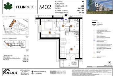 Rzut - Mieszkanie na sprzedaż 2 pokoje o powierzchni 39,43 m² - numer M02 w Felin Park II etap 2