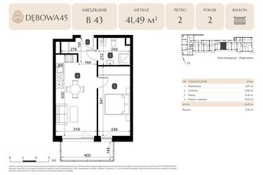 Rzut - Mieszkanie na sprzedaż 2 pokoje o powierzchni 41,49 m² - numer B.43 w Dębowa 45