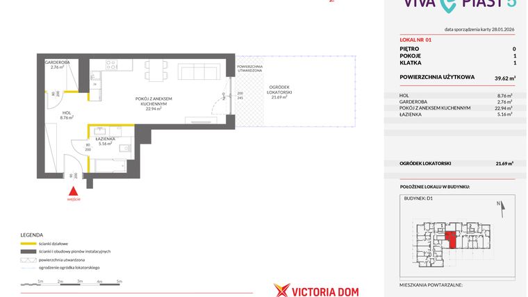Rzut - Mieszkanie na sprzedaż 1 pokój o powierzchni 39,54 m² - numer A.1 w Viva Piast 5