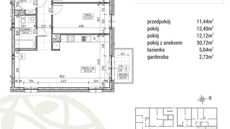 Rzut - Mieszkanie na sprzedaż 3 pokoje o powierzchni 74,45 m² - numer A2.01.12 w Zakątek Flora