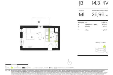 Rzut - Mieszkanie na sprzedaż 1 pokój o powierzchni 26,96 m² - numer B.4.3 w Ogrody Staromiejskie