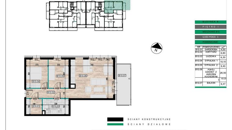 Rzut - Mieszkanie na sprzedaż 3 pokoje o powierzchni 63,11 m² - numer B10 w Lwowska 14