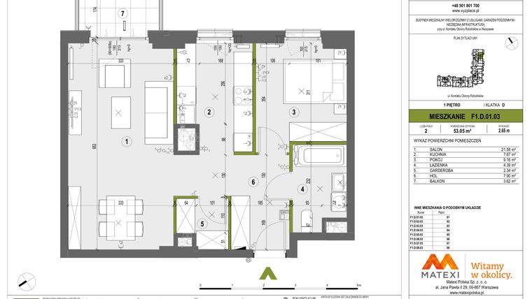 Rzut - Mieszkanie na sprzedaż 2 pokoje o powierzchni 53,05 m² - numer F1.D.01.03 w XYZ Place