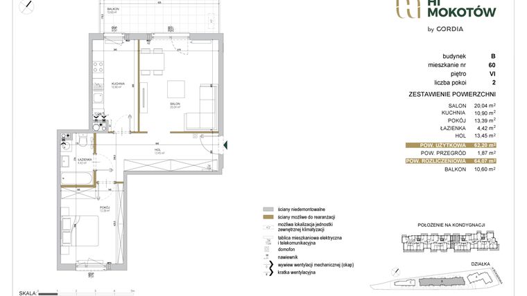 Rzut - Mieszkanie na sprzedaż 2 pokoje o powierzchni 62,26 m² - numer A1.B.60 w Hi Mokotów