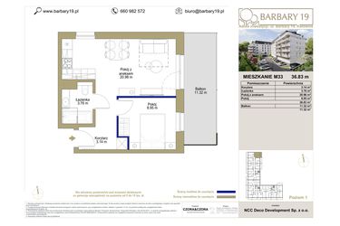 Rzut - Mieszkanie na sprzedaż 2 pokoje o powierzchni 36,83 m² - numer M33 w Barbary 19