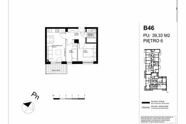 Rzut - Mieszkanie na sprzedaż 3 pokoje o powierzchni 39,33 m² - numer B46 w Apartamenty Kopernika - etap II