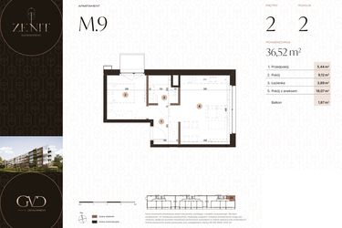 Rzut - Mieszkanie na sprzedaż 2 pokoje o powierzchni 36,52 m² - numer M9 w Zenit Głowackiego