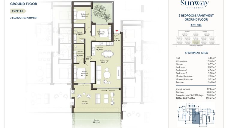 Rzut - Mieszkanie na sprzedaż 3 pokoje o powierzchni 117,86 m² - numer 303 w Sunway