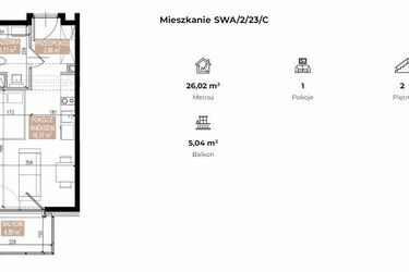 Rzut - Mieszkanie na sprzedaż 1 pokój o powierzchni 26,02 m² - numer SWA/2/23/C w Apartamenty Świeradowska