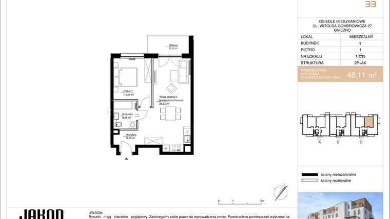 Rzut - Mieszkanie na sprzedaż 2 pokoje o powierzchni 48,11 m² - numer 1.C35 w Gombrowicza 33