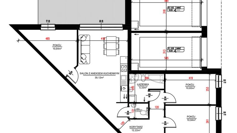 Rzut - Mieszkanie na sprzedaż 4 pokoje o powierzchni 100,84 m² - numer B1 w Chrzanowskiego 15