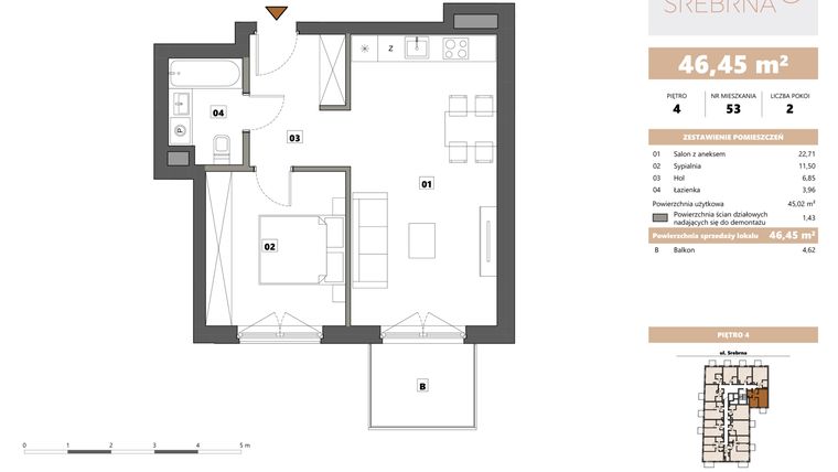 Rzut - Mieszkanie na sprzedaż 2 pokoje o powierzchni 46,45 m² - numer 53 w Srebrna 5