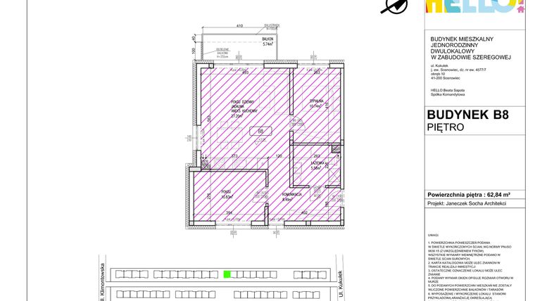 Rzut - Mieszkanie na sprzedaż 3 pokoje o powierzchni 62,84 m² - numer B8.2 w HELLO! KUKUŁKI bud. B