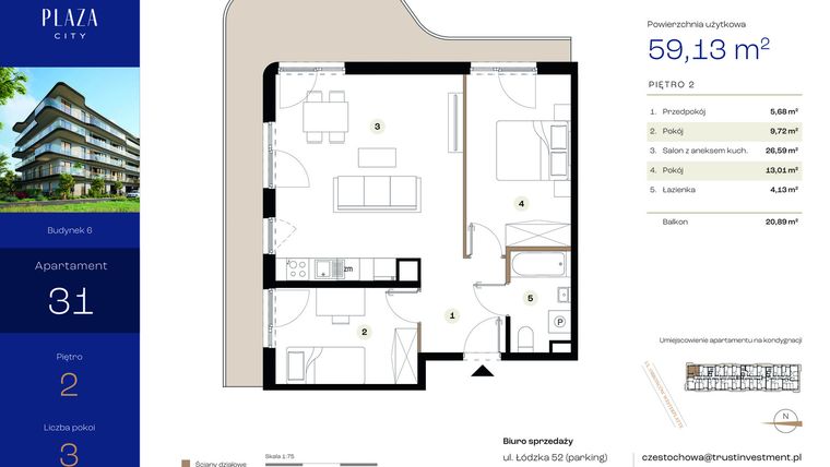 Rzut - Mieszkanie na sprzedaż 3 pokoje o powierzchni 59,13 m² - numer B6M31 w Plaza City