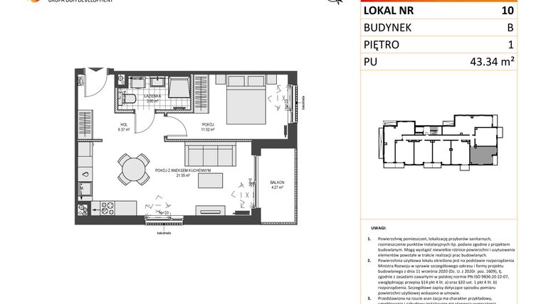 Rzut - Mieszkanie na sprzedaż 2 pokoje o powierzchni 43,34 m² - numer B10 w Przystań Brzeźno etap 1.2