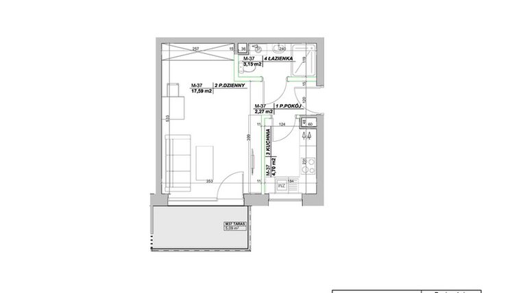 Rzut - Mieszkanie na sprzedaż 1 pokój o powierzchni 27,71 m² - numer A37 w Laurowy Zakątek