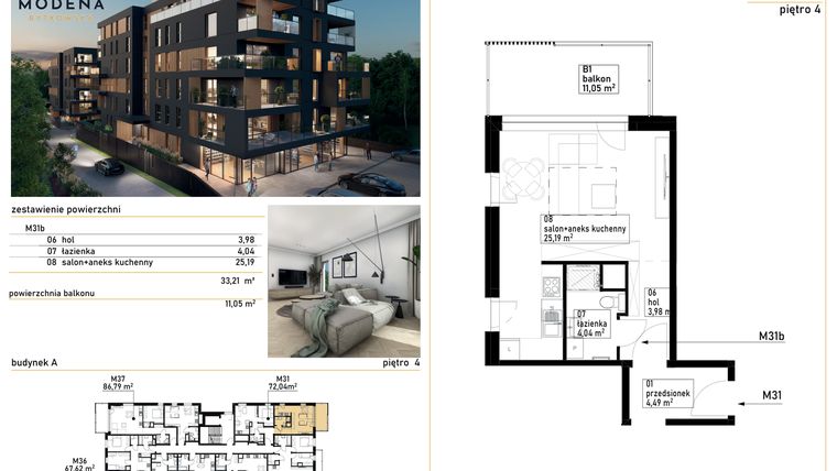 Rzut - Mieszkanie na sprzedaż 1 pokój o powierzchni 34,34 m² - numer M31b w Modena Bytkowska 113