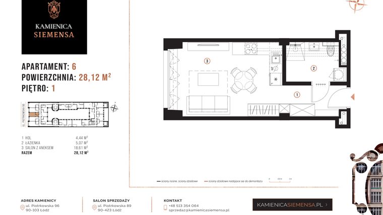 Rzut - Mieszkanie na sprzedaż 1 pokój o powierzchni 28,12 m² - numer 6 w Kamienica Siemensa