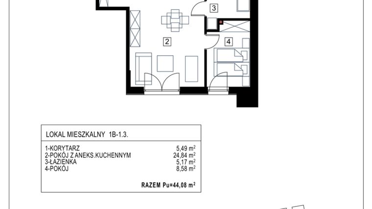 Rzut - Mieszkanie na sprzedaż 2 pokoje o powierzchni 44,08 m² - numer 1B-1.3 w Gardenia Pogodno