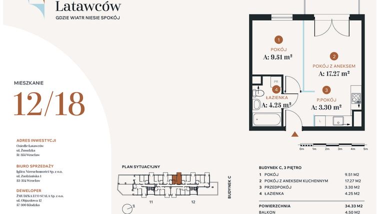 Rzut - Mieszkanie na sprzedaż 2 pokoje o powierzchni 34,33 m² - numer C12-18 w Osiedle Latawców