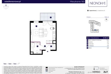 Rzut - Mieszkanie na sprzedaż 1 pokój o powierzchni 27,97 m² - numer 160 w Osiedle Neonowe