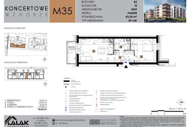 Rzut - Mieszkanie na sprzedaż 2 pokoje o powierzchni 43,38 m² - numer B2.35 w Koncertowe Wzgórze