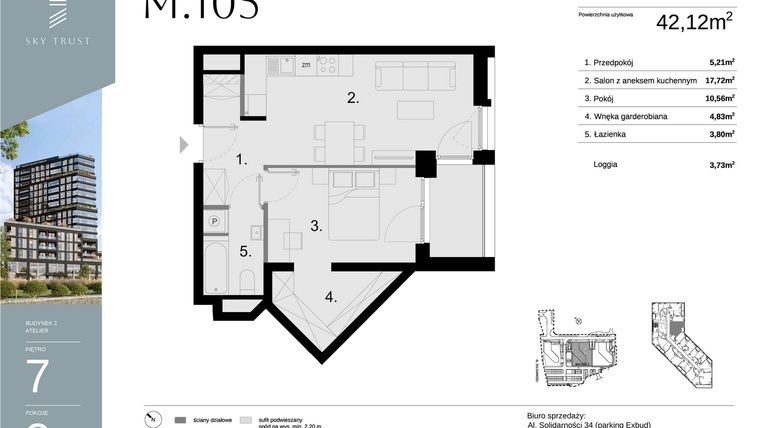 Rzut - Mieszkanie na sprzedaż 2 pokoje o powierzchni 42,12 m² - numer M105 w Sky Trust etap II
