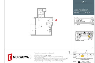 Rzut - Mieszkanie na sprzedaż 1 pokój o powierzchni 22,49 m² - numer 61 w Morwowa 3 - Apartamenty Inwestycyjne