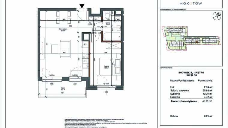 Rzut - Mieszkanie na sprzedaż 2 pokoje o powierzchni 45 m² - numer 58 w Aura Mokotów II