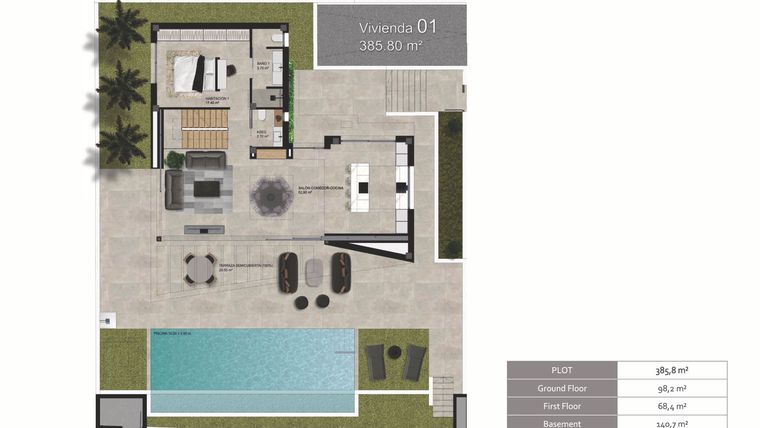 Rzut - Dom na sprzedaż 3 pokoje o powierzchni 307,3 m² - numer 1 w Domy w Polop - 19359115