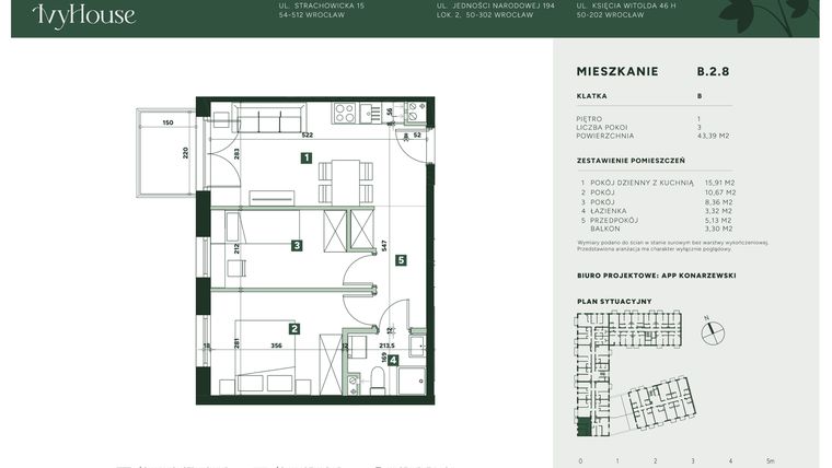 Rzut - Mieszkanie na sprzedaż 3 pokoje o powierzchni 43,39 m² - numer B.2.8 w IVY HOUSE