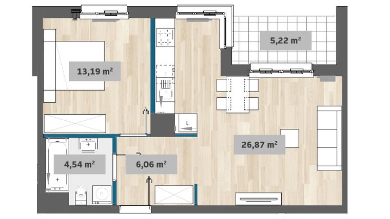 Rzut - Mieszkanie na sprzedaż 2 pokoje o powierzchni 49,53 m² - numer F1.A.03.04 w Sady Żoliborz