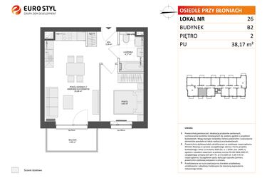 Rzut - Mieszkanie na sprzedaż 2 pokoje o powierzchni 38,17 m² - numer B2.26 w Osiedle Przy Błoniach 3 etap III