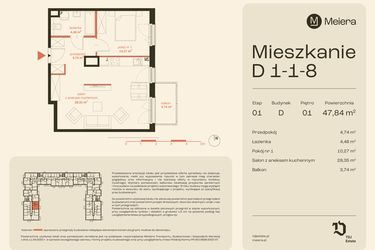 Rzut - Mieszkanie na sprzedaż 2 pokoje o powierzchni 47,84 m² - numer D1-1-8 w Osiedle Meiera