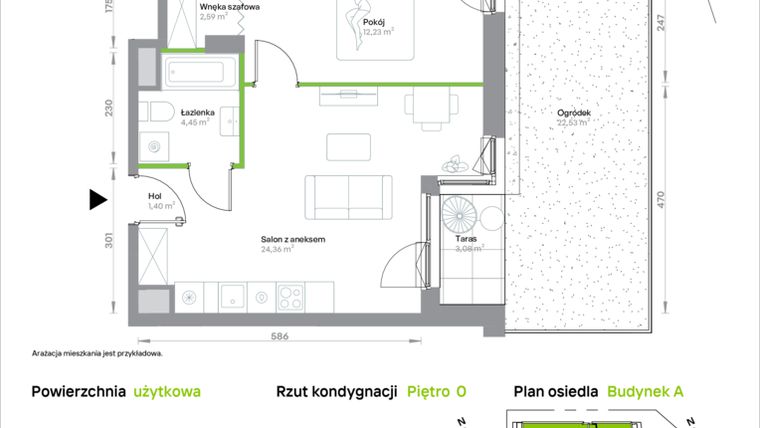 Rzut - Mieszkanie na sprzedaż 2 pokoje o powierzchni 45,03 m² - numer A/0/16 w Krakowska Vita