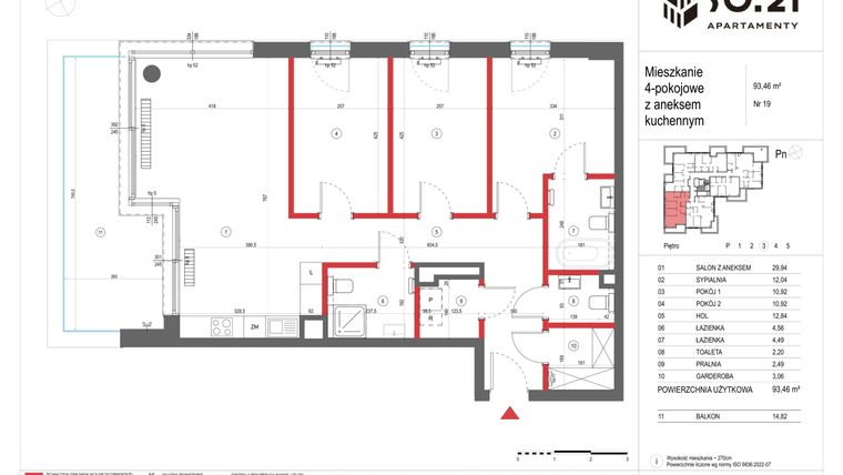 Rzut - Mieszkanie na sprzedaż 4 pokoje o powierzchni 93,46 m² - numer 19 w SO.21