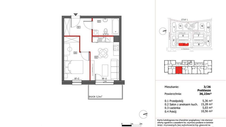 Rzut - Mieszkanie na sprzedaż 2 pokoje o powierzchni 36,23 m² - numer 3/26 w Słoneczny Zakątek