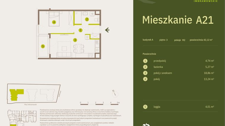 Rzut - Mieszkanie na sprzedaż 2 pokoje o powierzchni 42,12 m² - numer A21 w Osiedle Imbramowskie