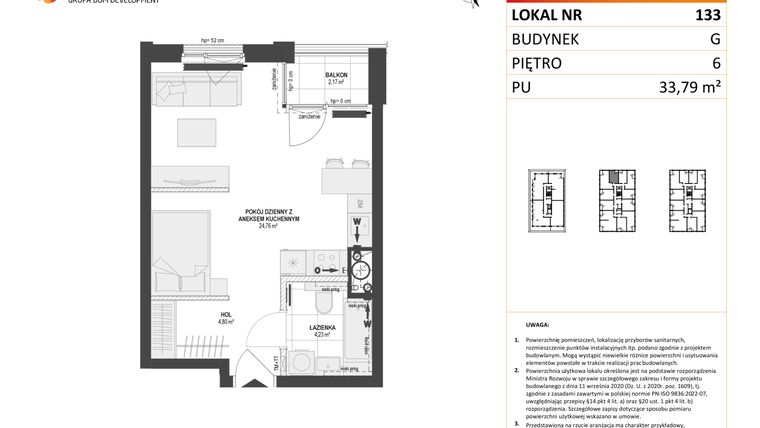 Rzut - Mieszkanie na sprzedaż 1 pokój o powierzchni 33,79 m² - numer G.133 w DOKI etap II (bud. G)