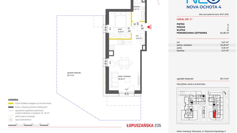 Rzut - Mieszkanie na sprzedaż 2 pokoje o powierzchni 42,46 m² - numer 67 w Neo Nova Ochota 4