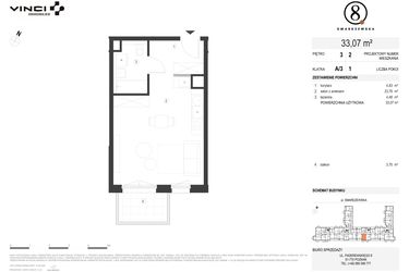 Rzut - Mieszkanie na sprzedaż 1 pokój o powierzchni 33,07 m² - numer A/3/3.2 w Smardzewska 8