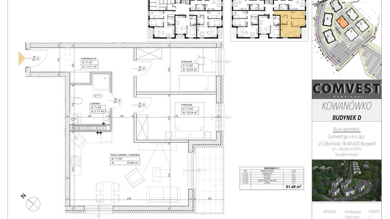 Rzut - Mieszkanie na sprzedaż 3 pokoje o powierzchni 61,48 m² - numer D11 w Kowanówko