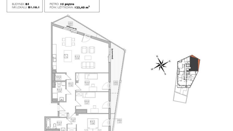 Rzut - Mieszkanie na sprzedaż 4 pokoje o powierzchni 123,4 m² - numer B1.16.1 w Alvarium 2.0