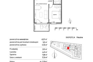 Rzut - Mieszkanie na sprzedaż 2 pokoje o powierzchni 42,57 m² - numer 1.4.3. w Dywizjonu 303